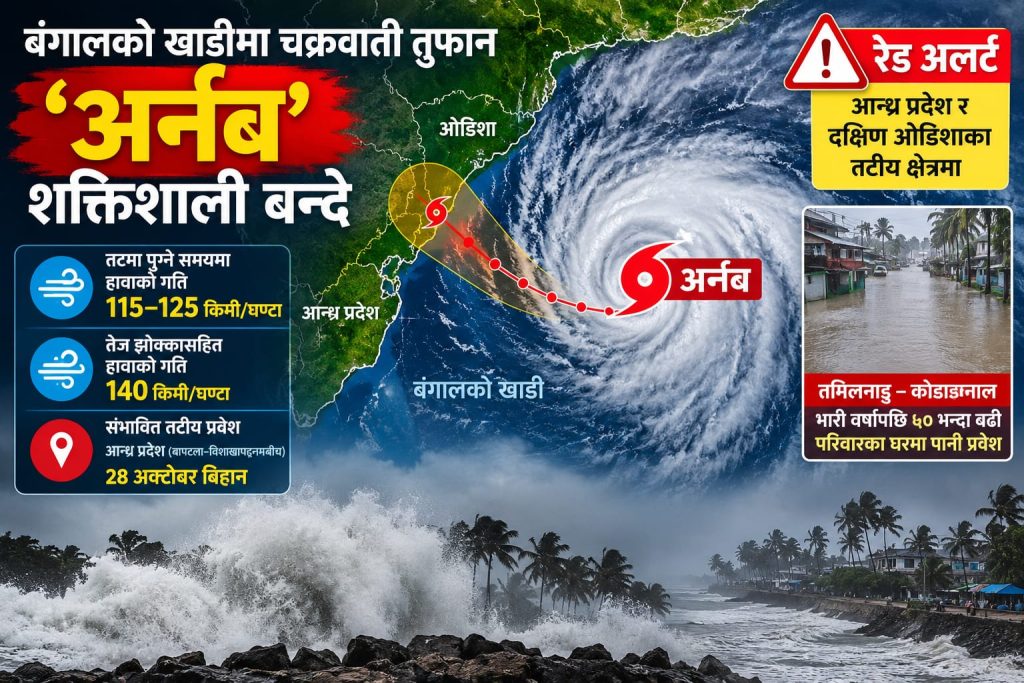 बंगालको खाडीमा चक्रवाती तूफान ‘अर्नब’ शक्तिशाली बन्दै, आन्ध्र प्रदेश र दक्षिण ओडिशामा रेड अलर्ट